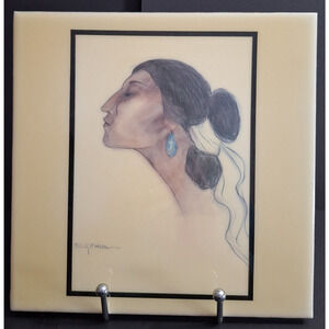 R. C. Gorman Ceramic Navajo Art Tile "Turquoise Earring" 8x8
